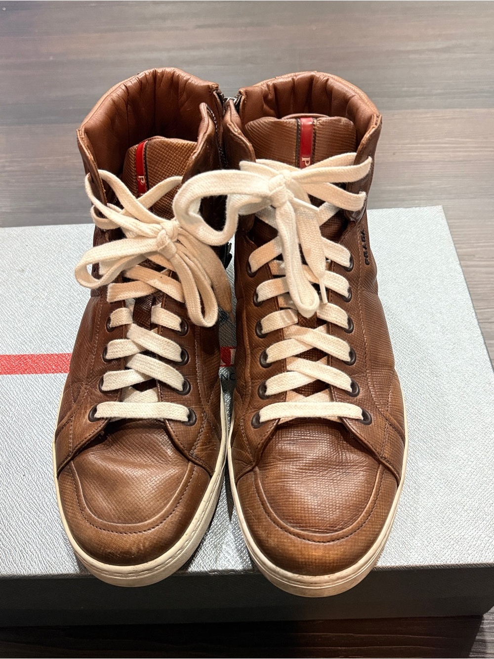 Prada Brown Leather High-Top Sneakers with Cream Laces